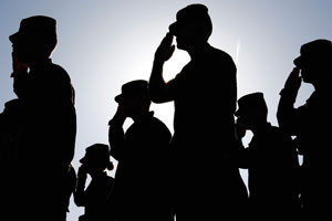 Soldiers salute while standing in lines.